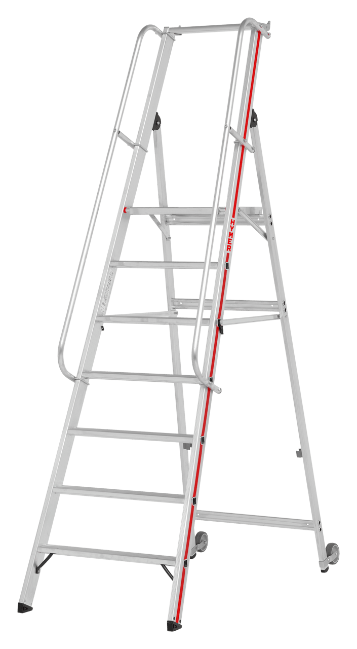 Hymer Plattformleiter 8081 mit Kipprollen und langem Handlauf - Topleiter